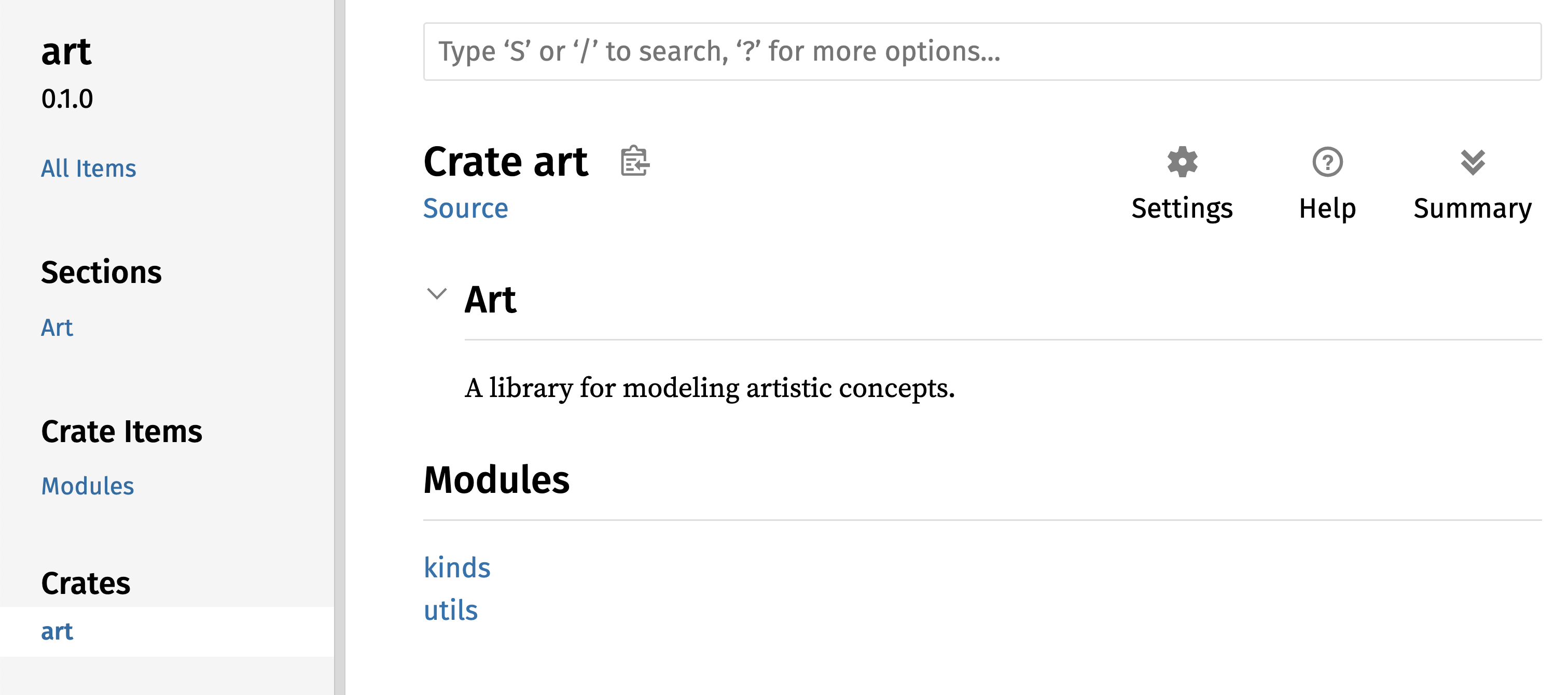 Documentation générée pour la crate `art` qui liste les modules `kinds` et `utils`