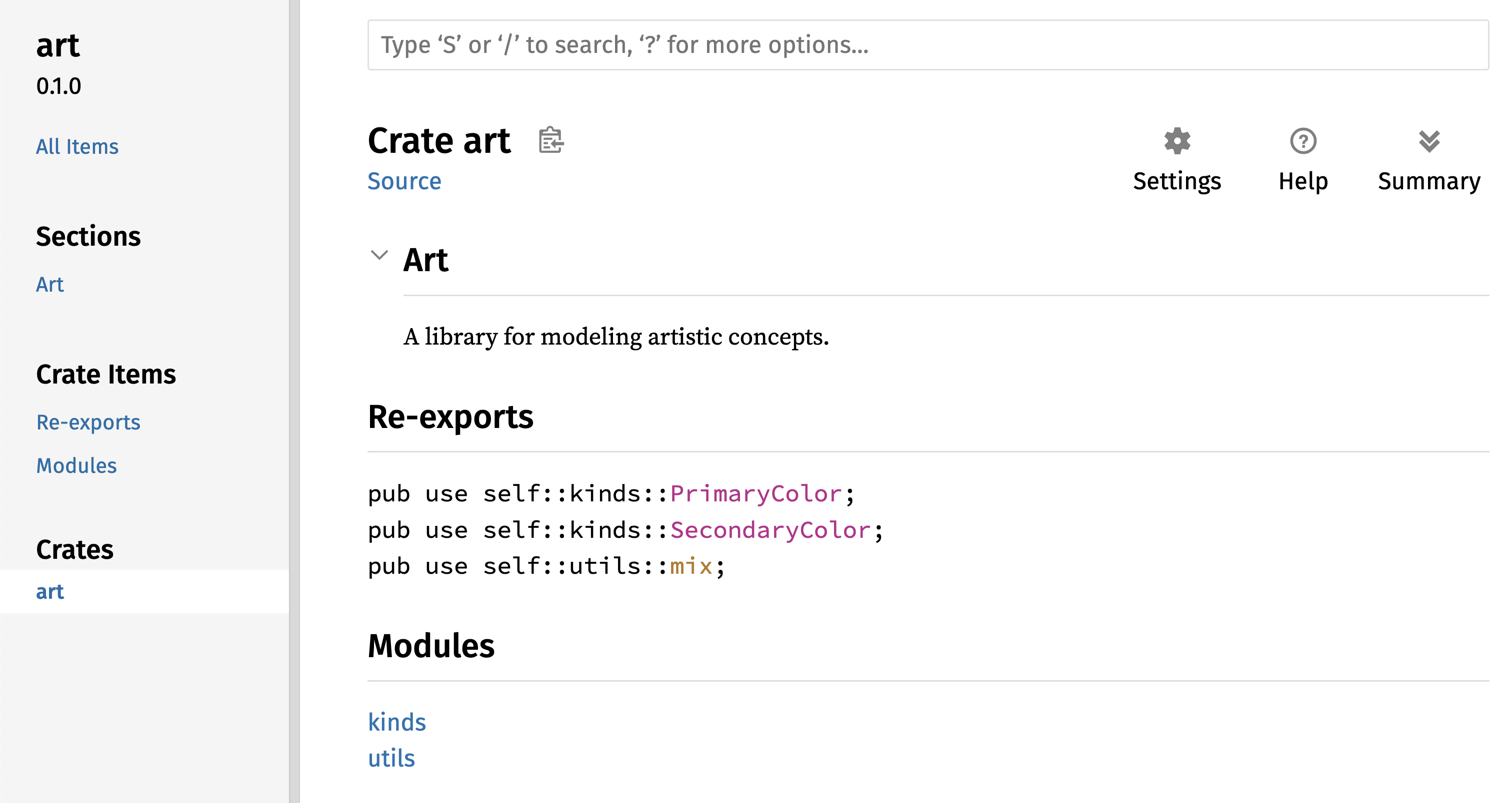 Documentation générée pour la crate `art` avec les ré-exports en première page