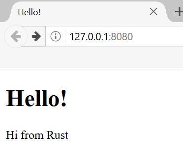 Capture d’écran d’un navigateur web visitant l’adresse 127.0.0.1:8080 et affichant une page avec le contenu textuel « Hello! Hi from Rust »